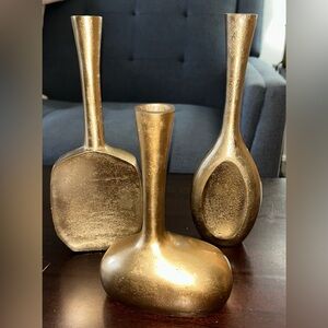 (3) MCM Style Gold Metal Vases 7” & 10”